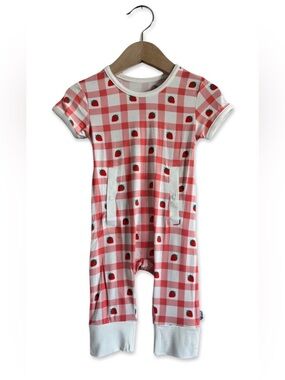 The SIMPLE SEED Strawberry Shortcake Bamboo Back Opening Short Long Romper- 3-6M